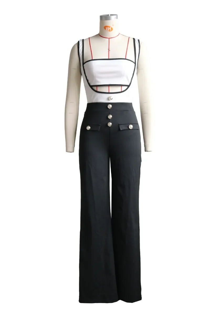 Fashion Women 2 Piece Set Strapless Crop Top Color Patchwork Buttons 2024 Spaghetti Straps Wide Leg Pants Jumpsuits Streetwear image 3