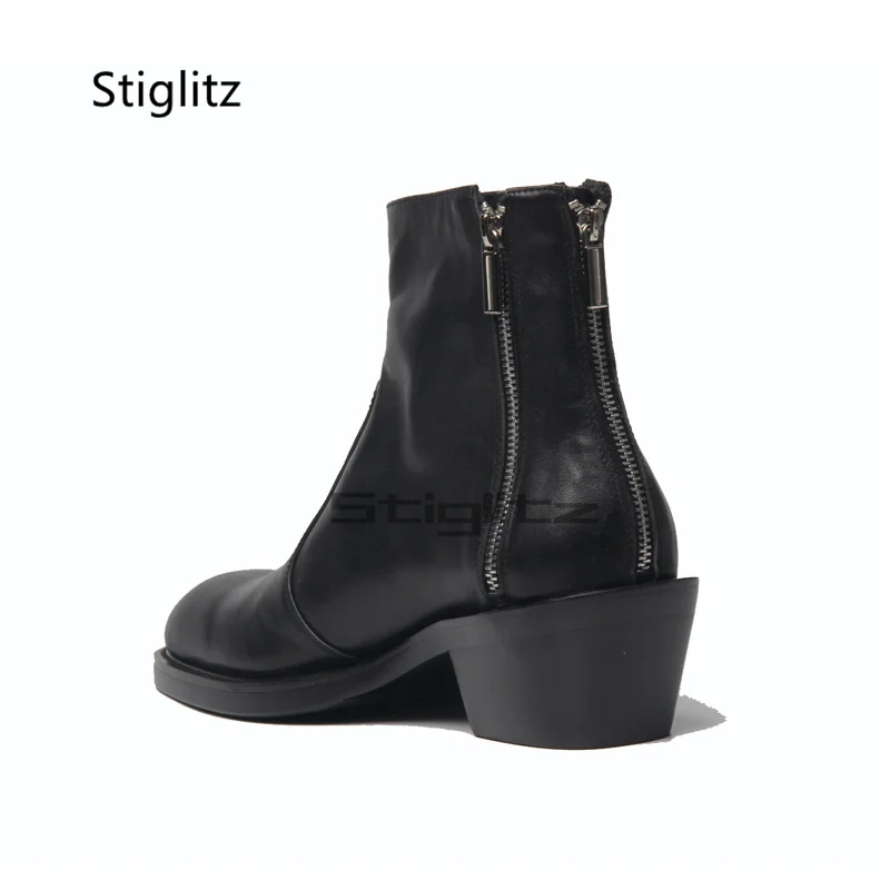 Small Square Toe High Heeled Men\'s Boots Black Genuine Leather Ankle Boots Business Dress Wedding Shoes Male Chelsea Boots