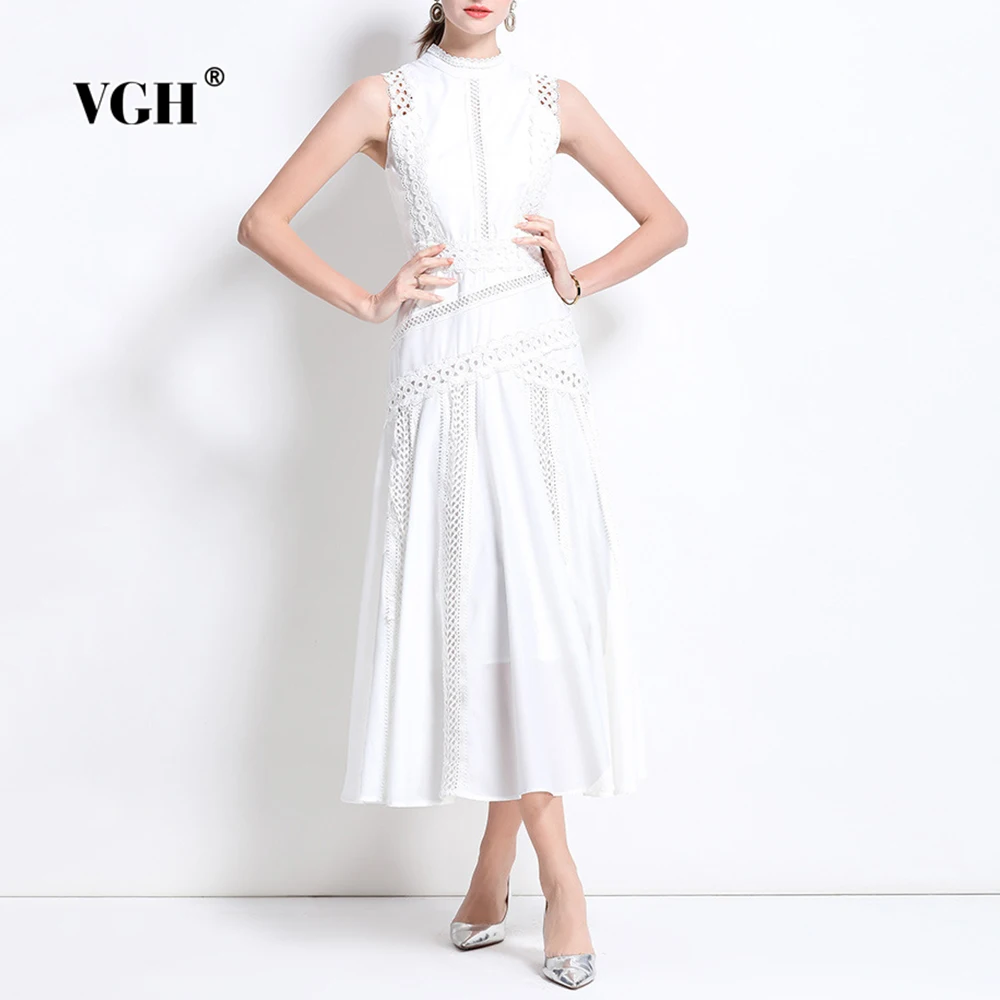 

VGH Hollow Out Slimming Elegant Solid For Women Dresses Round Neck Sleeveless High Waist Summer Casual Dress Female Fashion New