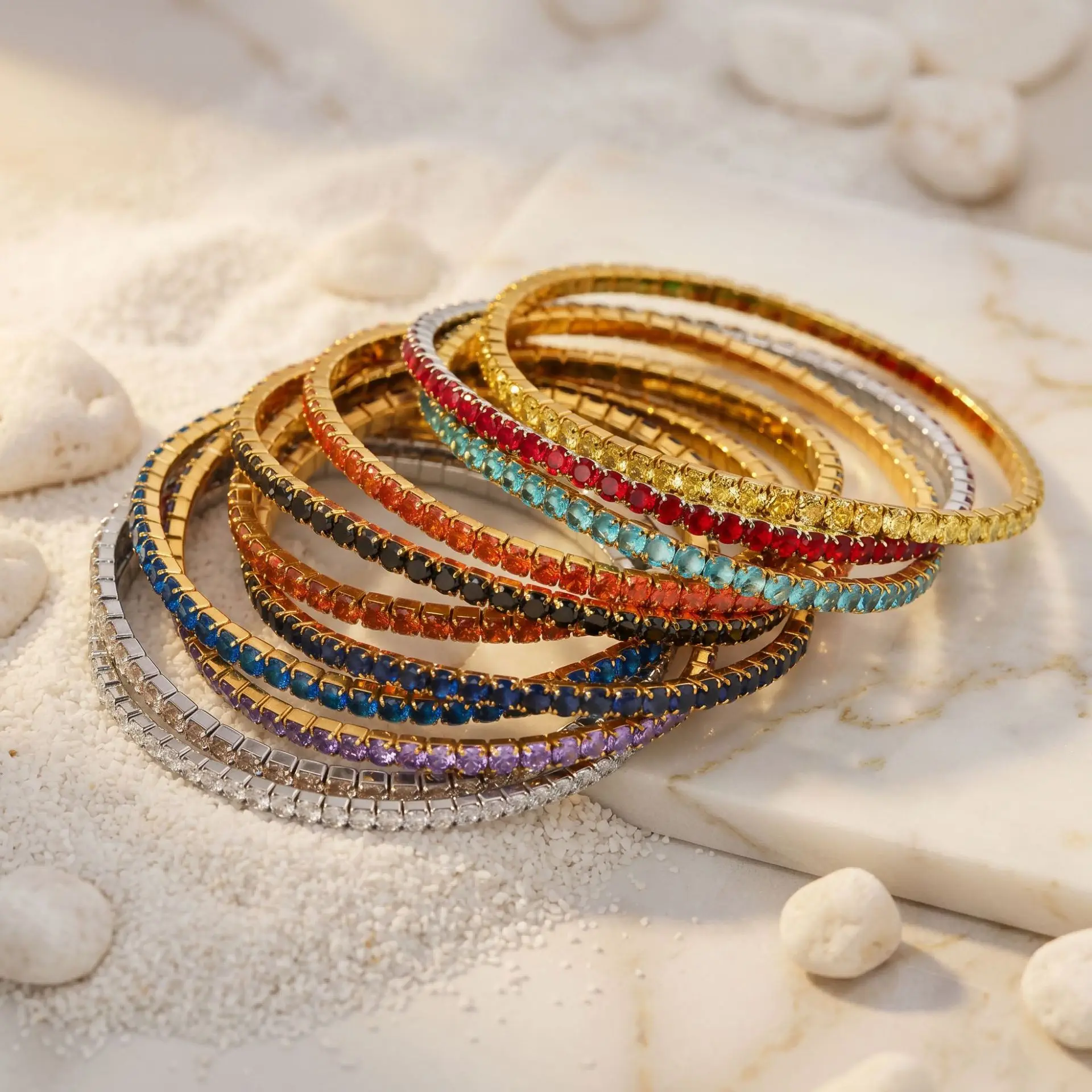 Trendy Stackable 18K Gold Plated Stainless Steel Colorful Single Row Zircon Stretch Bracelet Waterproof Hypoallergenic Jewelry