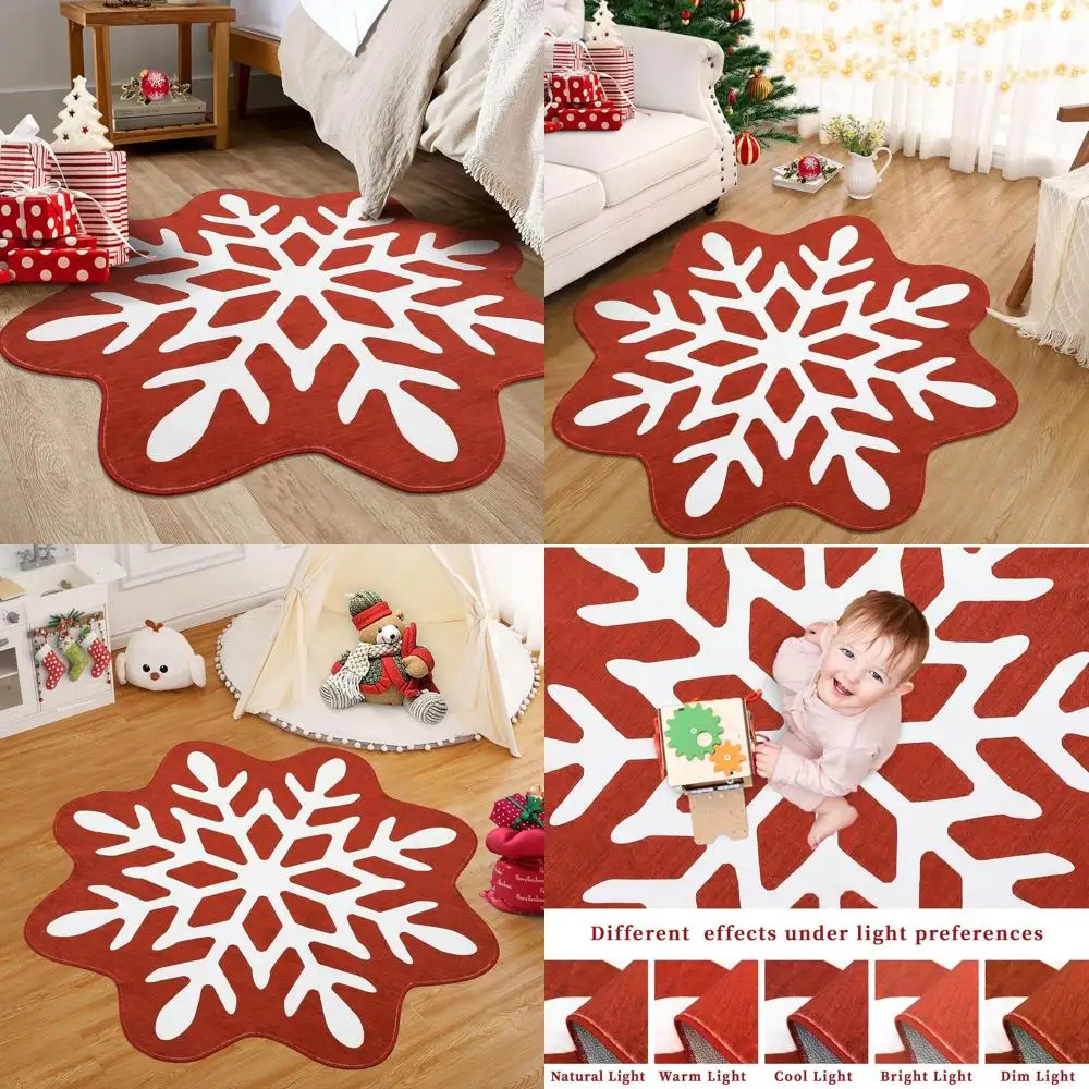 

5ft Red Snowflake Rug - Machine Washable, Non-Slip, Soft for Living Room, Bedroom, Dining Room, Office, and Nursery