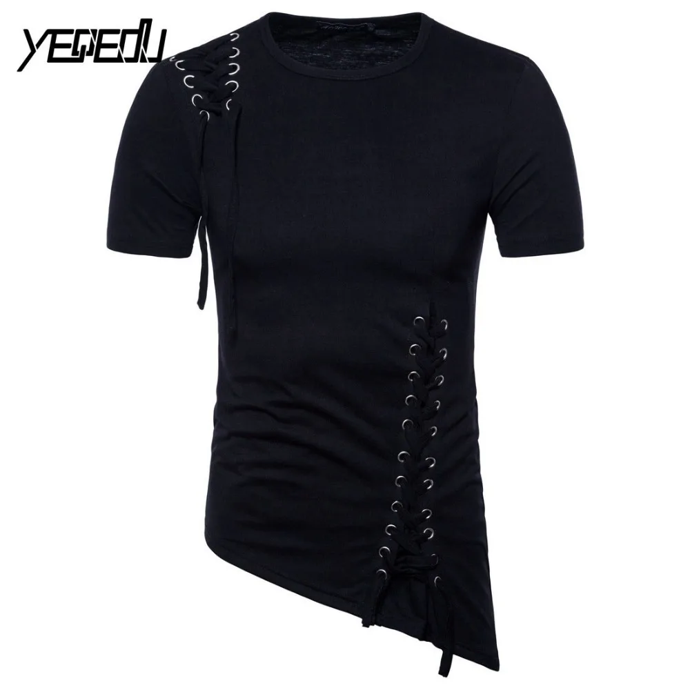 #4101 Bandage Hip Hop T Shirt Men Short Sleeve Black/White Asymmetrical Hem Punk Style Tee Shirt Homme Mens Clothing Euro Size