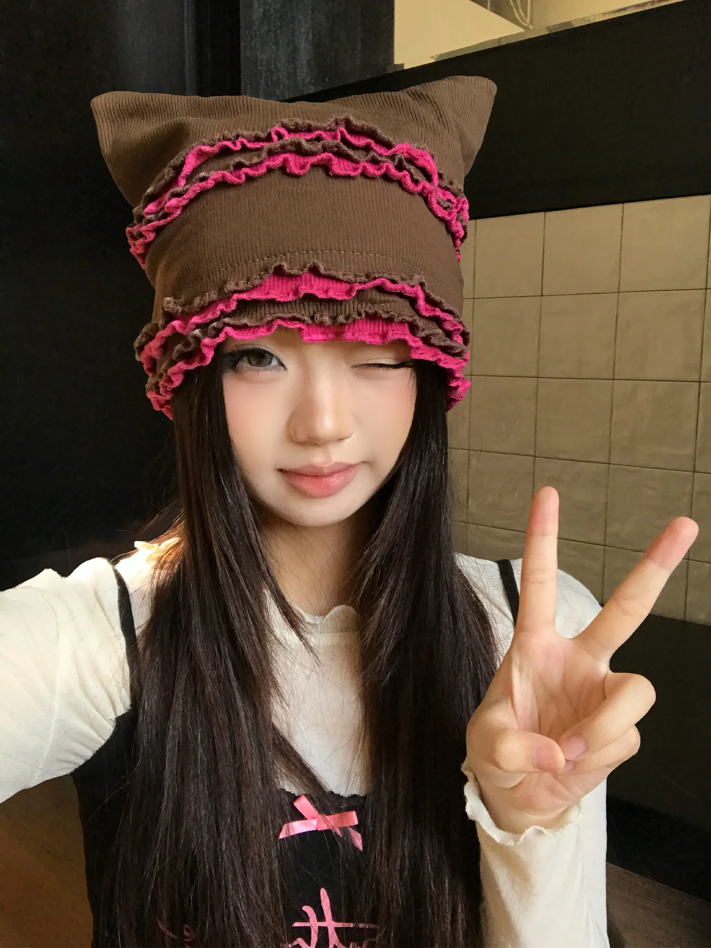 Retro Wood Grain  Ear Pleated Headscarf Hat Women's Loose Overhead Cold Atmosphere Sensation Casual Style Spring Summer