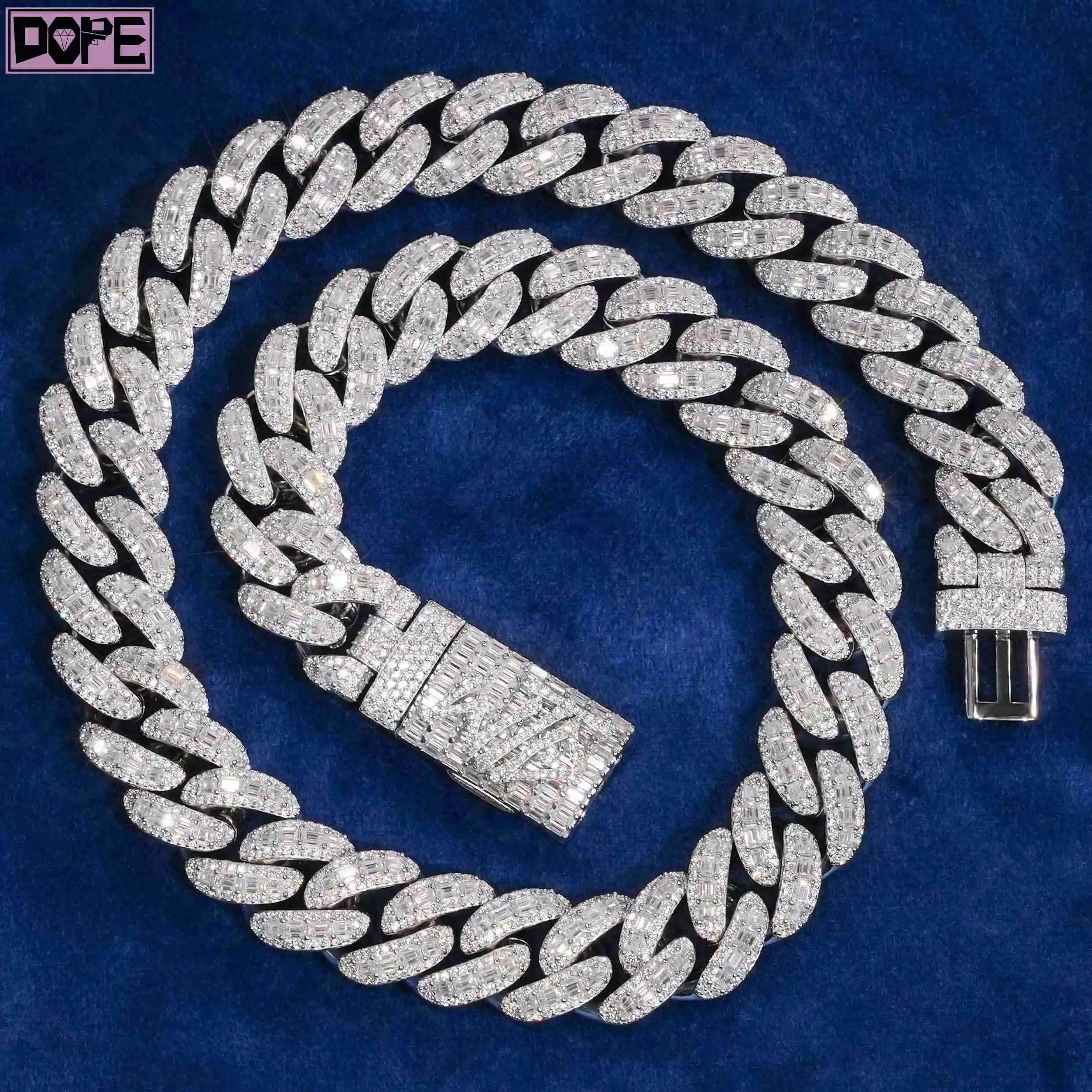 Hiphop Miami Cuban Link Chain 925 Sterling Silver Iced Out 20mm Gold Plated Baguette Moissanite Cuban Chain..
