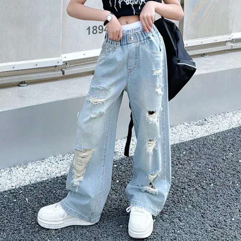 Kids Girls High Fashion Ripped Broken Jeans with Holes Tweens Child Street Style Destroyed Denim Pants Age 5 7 9 11 13 14 Years