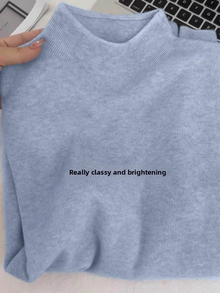 بلوزة صوفية محبوكة فضفاضة بأكمام طويلة للنساء، تصميم جديد لخريف وشتاء، سترة زرقاء بياقة نصف عالية