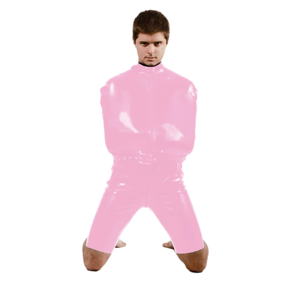 بدلة Catsuit من الجلد PVC ذات مظهر رطب للرجال، زي سيسي الغريب، بدلة عبودية برقبة وهمية، مفتوحة بين الرجلين مع حزام، بذلة #4