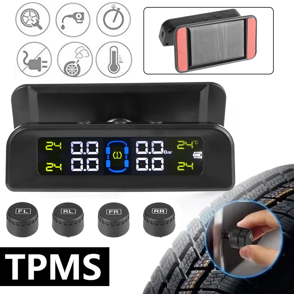 Monitor System Wireless Solar Power Automatic Brightness Control Car Tire Pressure Alarm TPMS 4 Sensors Decoration Accessories