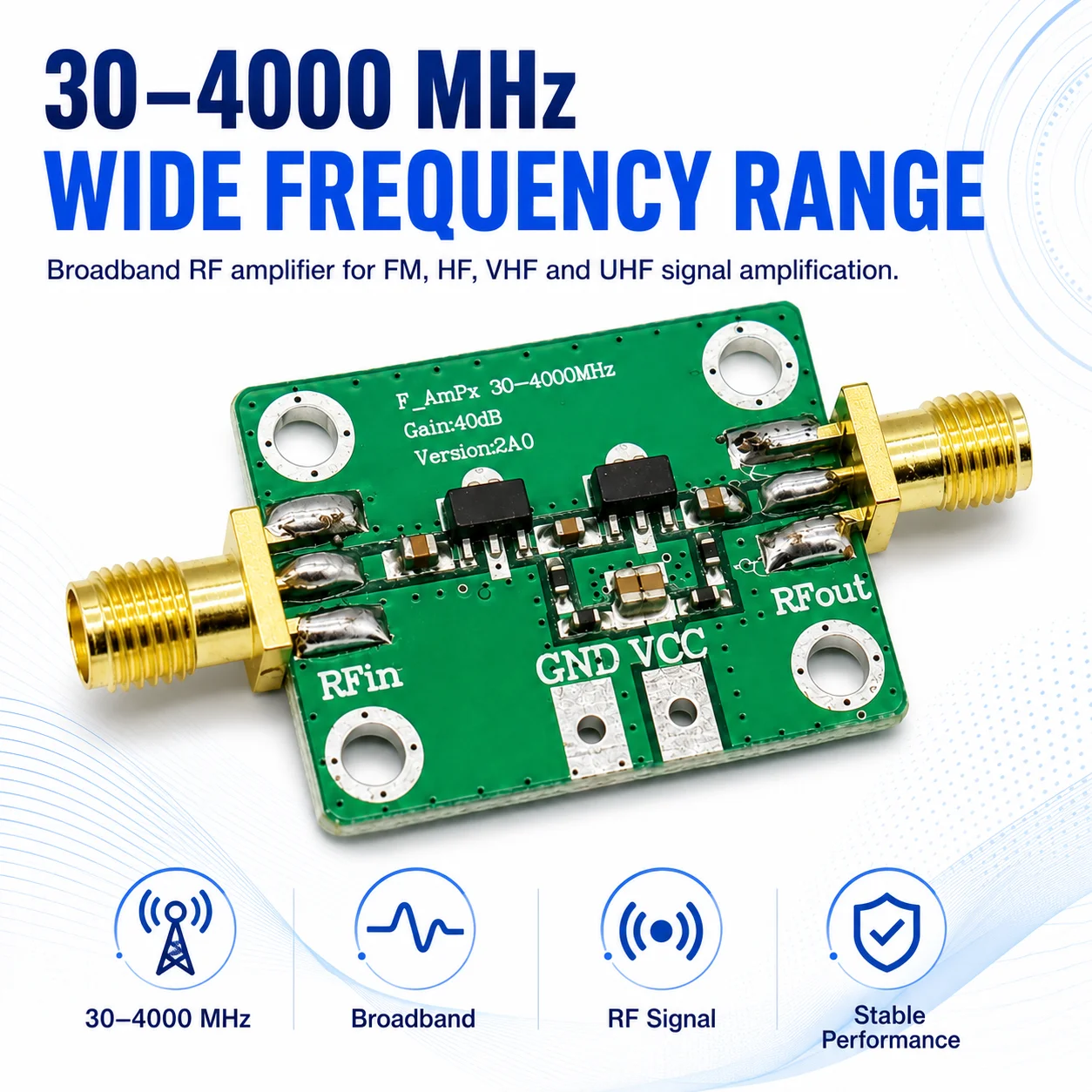 NEW 30-4000mhz RF Wideband Amplifier Gain 40dB Low Noise Amplifier LNA Board Modules DC 5V 50Ω for FM HF VHFf/UHF