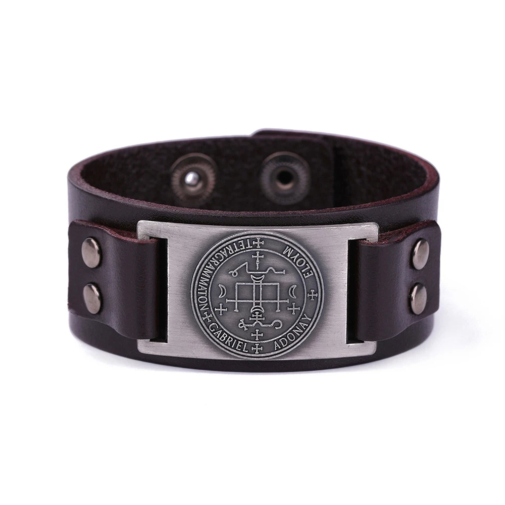 VASSAGO Seal of the Archangel Gabriel Wide Leather Bracelet Gabriel Angel Bracelet for Men Amulet Pagan Leather Jewelry