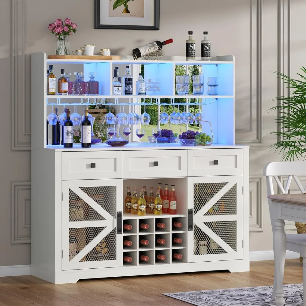 

Farmhouse Wine Bar Cabinet - LED Kitchen Coffee Bar w/ Acrylic Mirror & Glass Rack