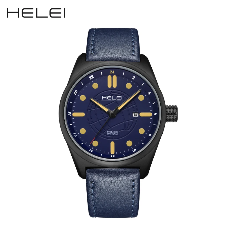 HELEI Fashion new sports casual quartz watch date genuine leather luminous strap men's wristwatch