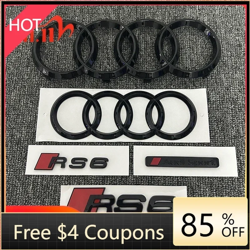 

For Audi Hot AUDI RS6 2016-2020 4Ring Logo ABS Black Car Hood Front Grill Emblem Rear Trunk Badge Sticker 2P RS6 1P AUDI Sport