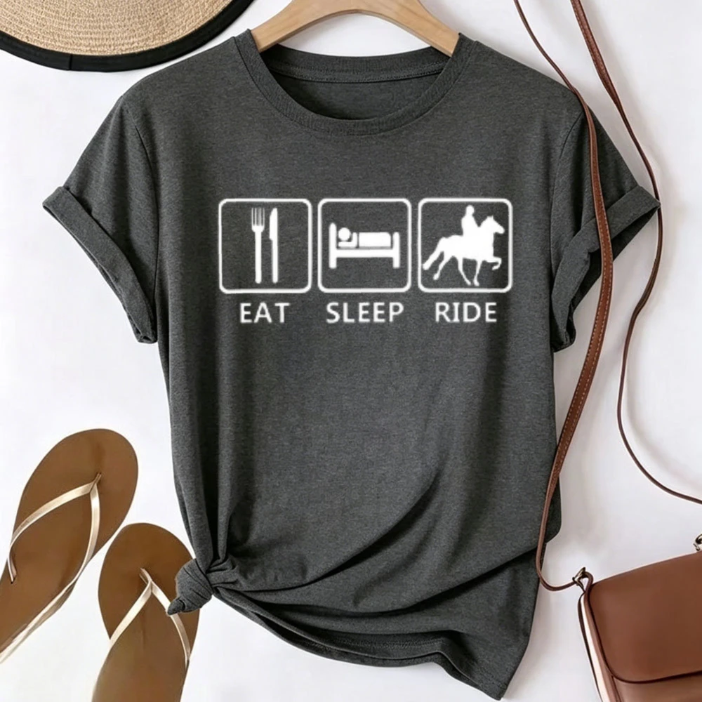 Eat Sleep Ride Horse Rider Graphic T-shirt Men Women Horse Riding Lover Icon Letter Print Short Sleeve Tee Crew Neck Casual Tops