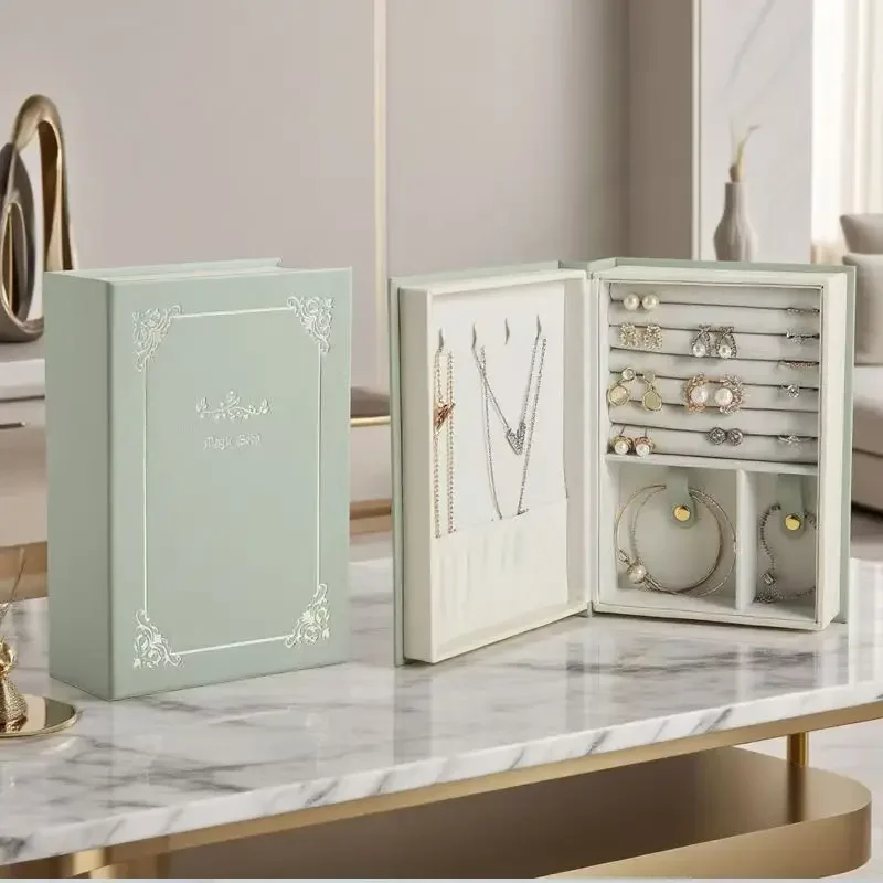 Vintage Flip Cover Book Shaped Jewelry Box for Earrings Ring Storage Holder Leather Travel Home Portable Jewelry Organizer Decor