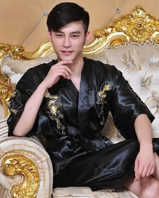 Men Robe V Neck Kimono Sleepwear Nightgown Embroidered Dragon Robe Cardigan Bathrobe Home Clothes Lounge Loose Sleep Dress