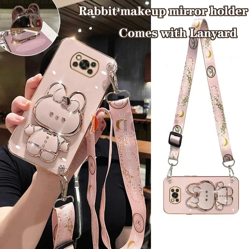 

Crossbody Lanyard Plating Phone Rabbit Holder Case For Xiaomi POCO X5 M5 F5 Pro X4 NFC M4 F4 X3 Pro X3 NFC F3 GT F2 X2 C50 cover