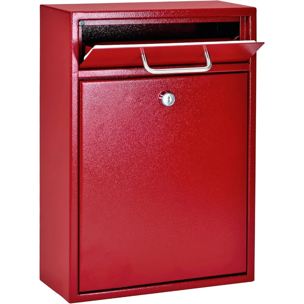 High Security Steel Locking Wall Mounted Mailbox Office Drop Comment Letter Deposit Box, Red