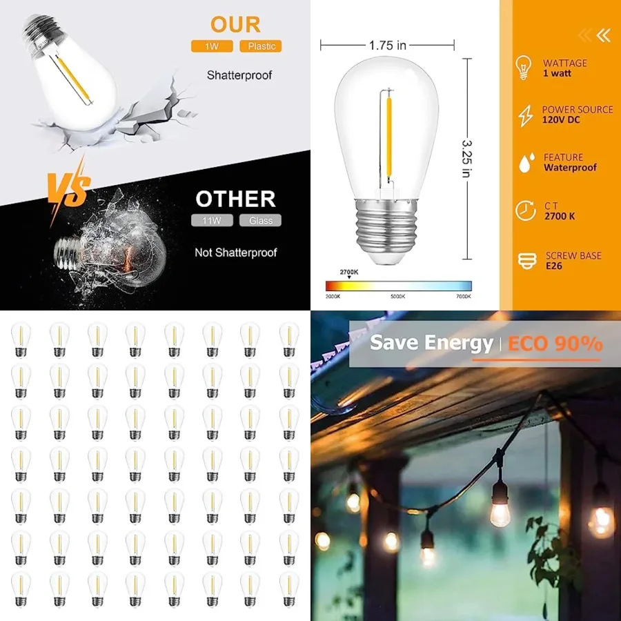 48-Pack LED Outdoor String Light Bulbs, Waterproof S14 Replacement Bulb, E26 Base, 1W 120V, White