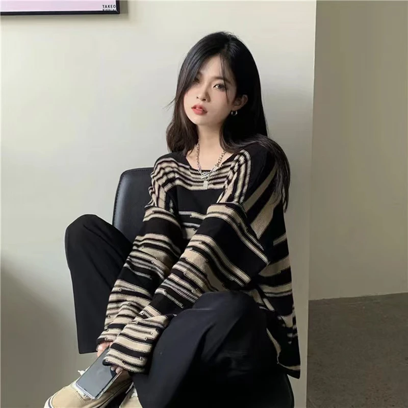 Gothic Striped Women Knitting Sweater Y2K Fashion Streetwear Patchwork Punk Pullover Female Loose Long Sleeve O Neck Jumpers