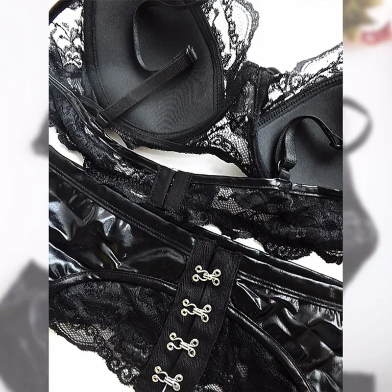 Women Lingerie Sets Lace Vinyl Leather Push Up Bra Low Waist Panties G String Ladies Suspender Wet Look Erotic Underwear - Image 4