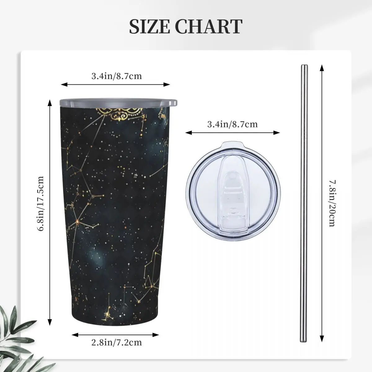 Golden Celestial Stars Zodiac Constellations 8 Stainless Steel Tumbler Vacuum Insulated Mug Thermal Cold Cup Straw With Lid 20oz