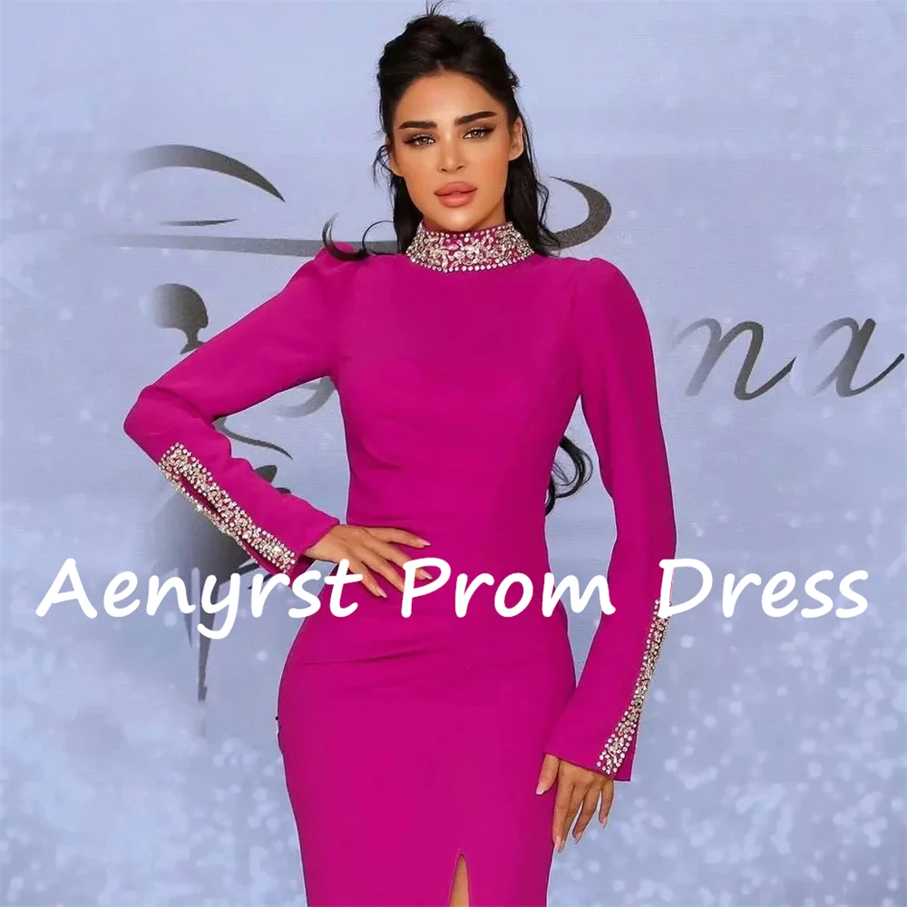 Aenyrst Mermaid Long Sleeves Saudi Arabia Evening Dresses Satin Side Split Crystal Prom Gowns Floor Length Formal Occasion Dress