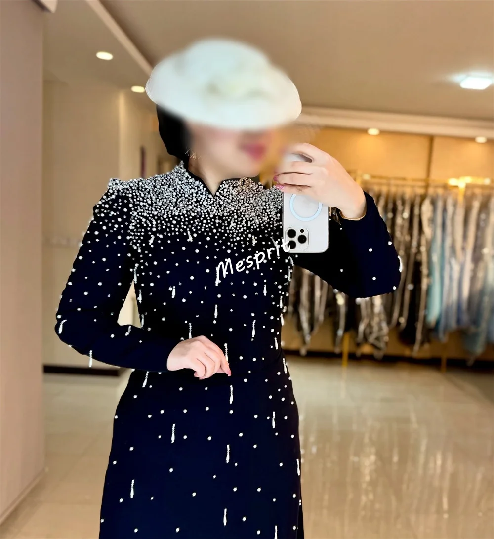 Vestido de noite de luxo feminino personalizado a linha mangas compridas preto vestidos longos sob medida ocasião de alta qualidade elegante festa brilho
