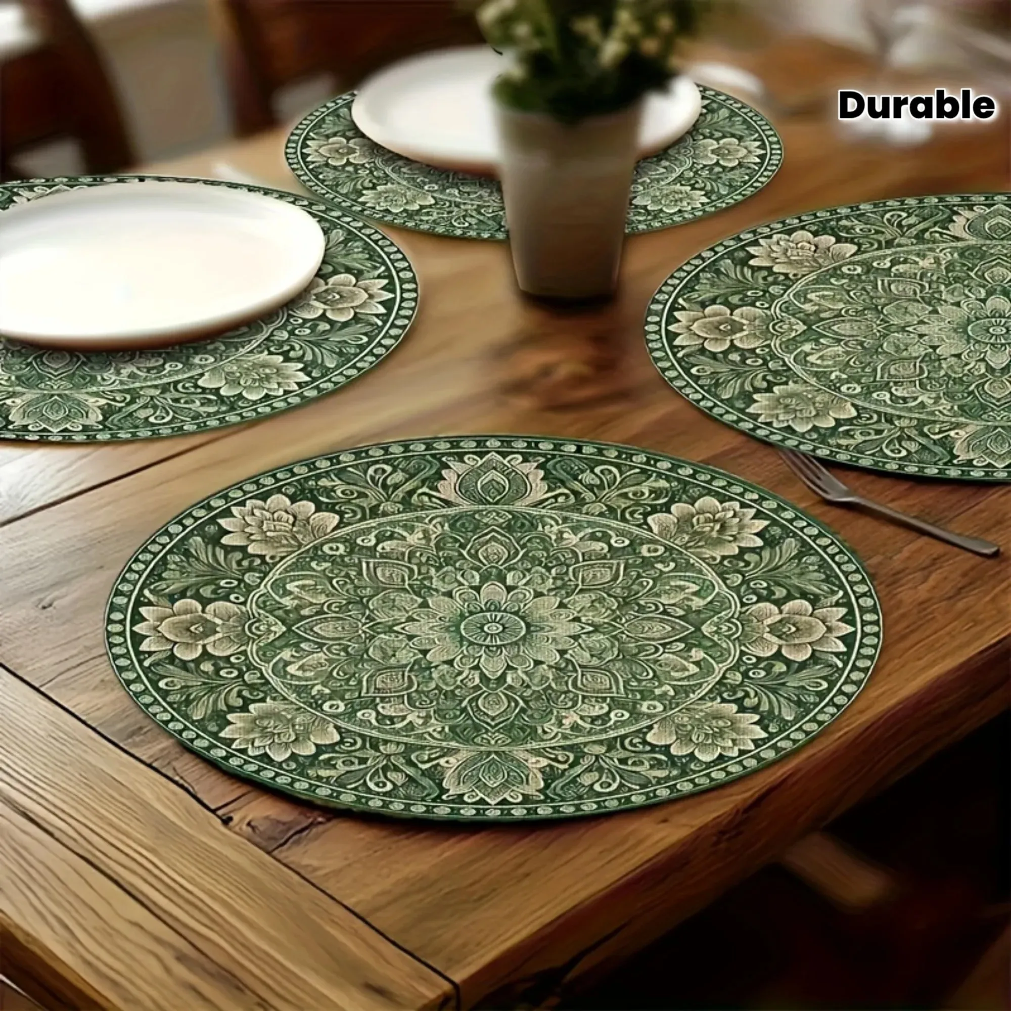 VIKAMA Vintage Green Mandala Ethnic Round Placemat, Bohemian Waterproof Heat‑Resistant Hotel Decor Mat view 3