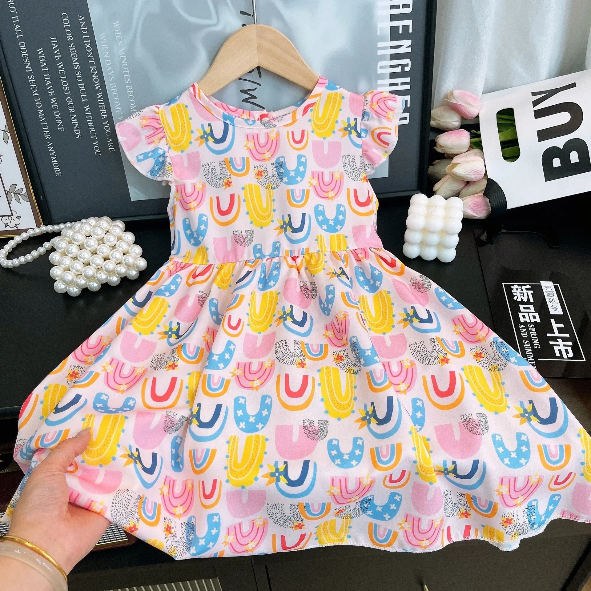 Girls Summer Thin Beach Dress Baby Girl Sweet Rainbow Flower Print Flutter Sleeve Princess A-line Dresses Sundress Clothing