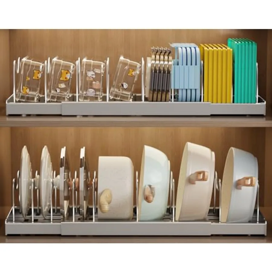 

Органайзер для кастрюль и сковородок под шкаф: расширяемый контейнер для хранения продуктов с крышкой и 9 регулируемыми разделителями