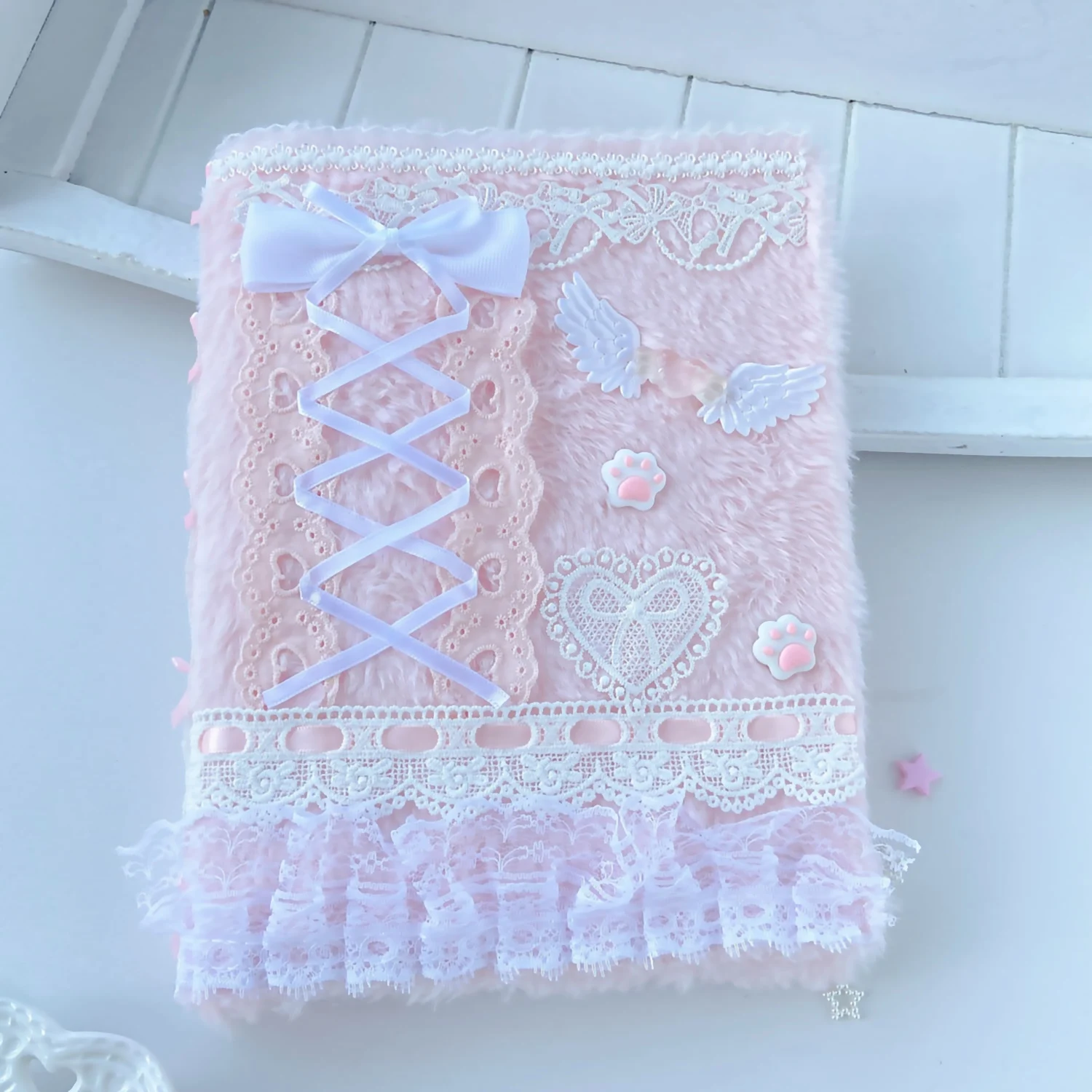 A5 Pink Plush Kpop Photo Card Binder Cute Wings Ballet Ribbon Sweat Girl\'s Present Lace Decoration Booklet Idol Postcard Album