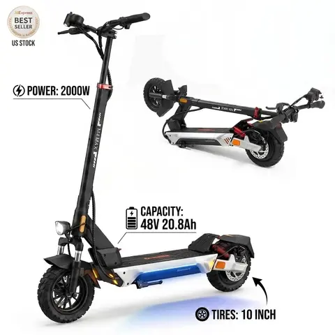 Electric Scooter for Adults 2000W Motor, 48V 20.8Ah Battery, 40 Miles Long Range, Foldable E Scooter, 10" Off Road Tires, Dual Disc Brakes