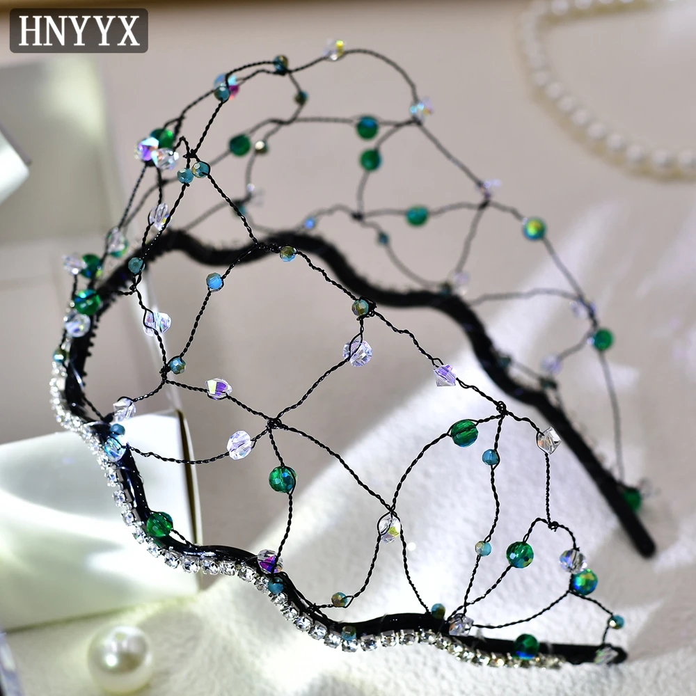 HNYYX Rhinestone Crown Fashion Crystal Headband Wide Baroque Hair Piece Wedding Party Headwear Festival Headdress For Women A74