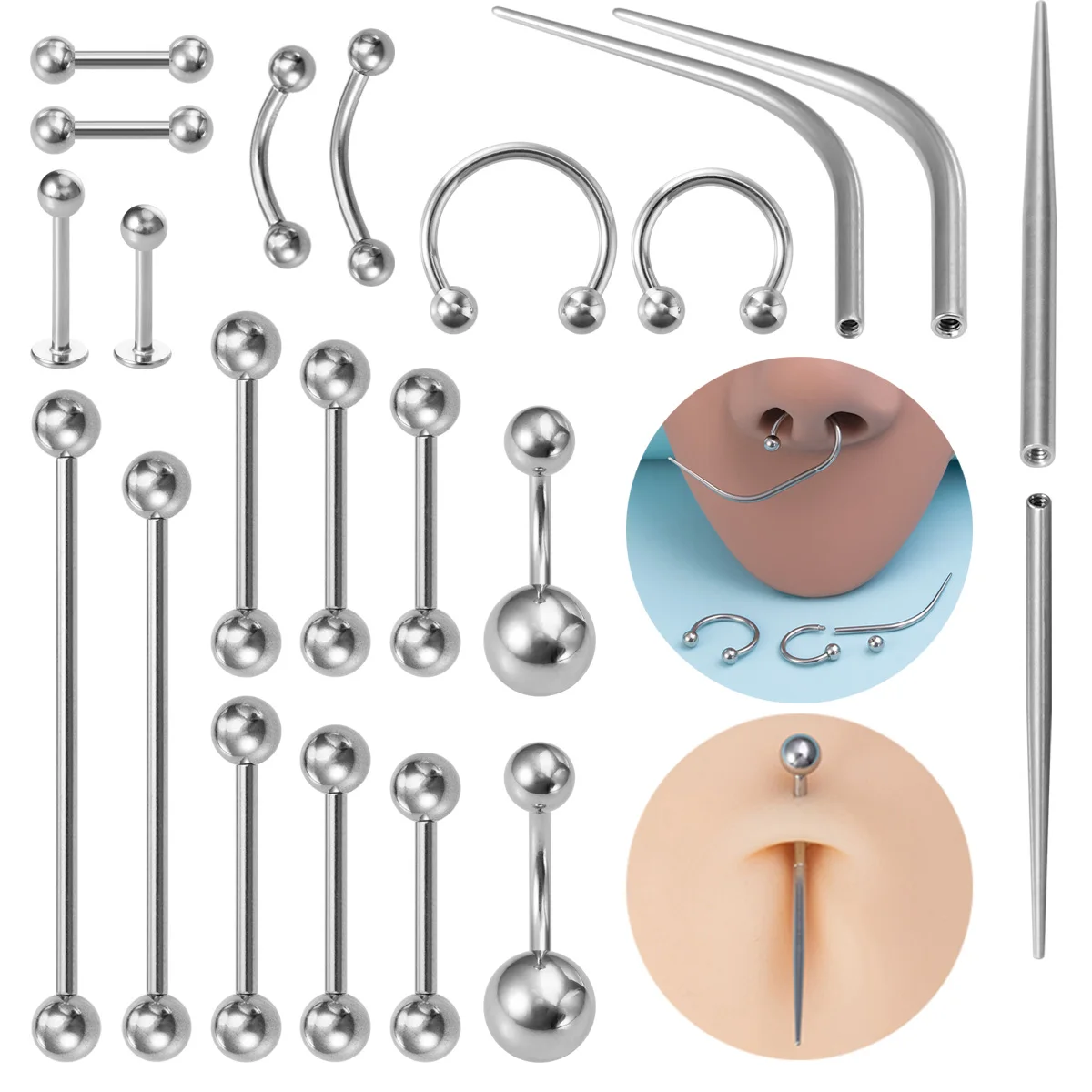 10/12pcs Body Piercing Kit Tool Stainless Steel Pull Threaded Taper Pin for Lip Nose Tongue Ear Cartilage Navel Body Jewelry Set