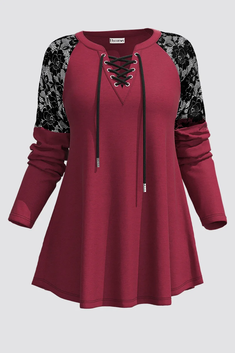 Women Plus Size Long Sleeve T shirt Casual Burgundy Lace Stitching Lace-Up V Neck Autumn Spring Fashion Basic Soft Tee Top 2024