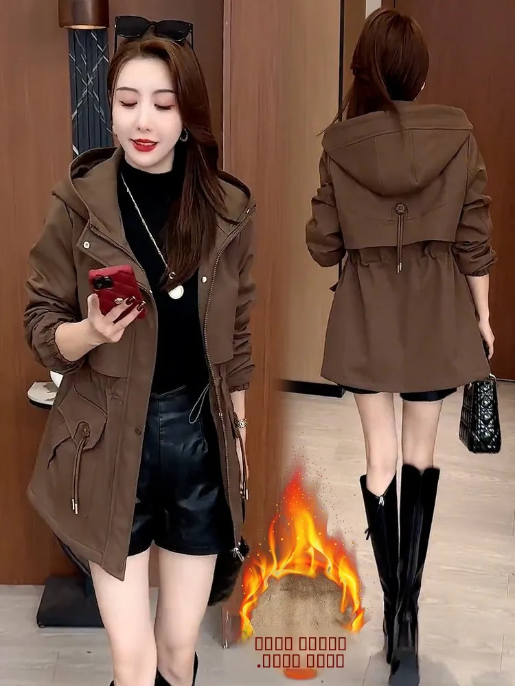 

Women's Faionable Thiened Fce Lined Hooded Mid-Length Cotton Jaet Coat Sli Versatile Commute Korean Sle Loose Fit