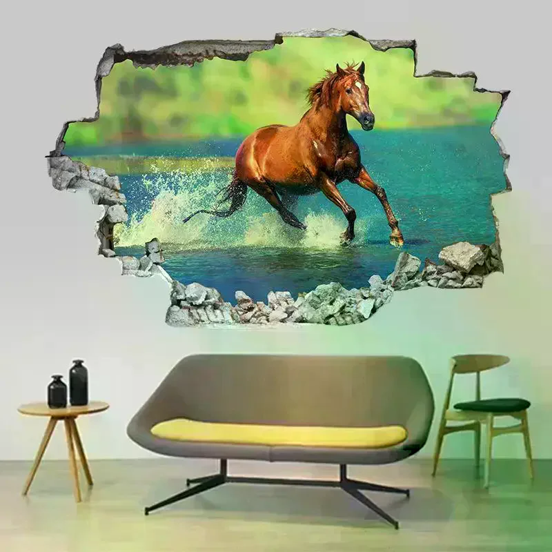 

Плакат с изображением животных, сломанная стена, отверстие, художественная бегущая тонкая лошадь, виниловые настенные наклейки для гостиной