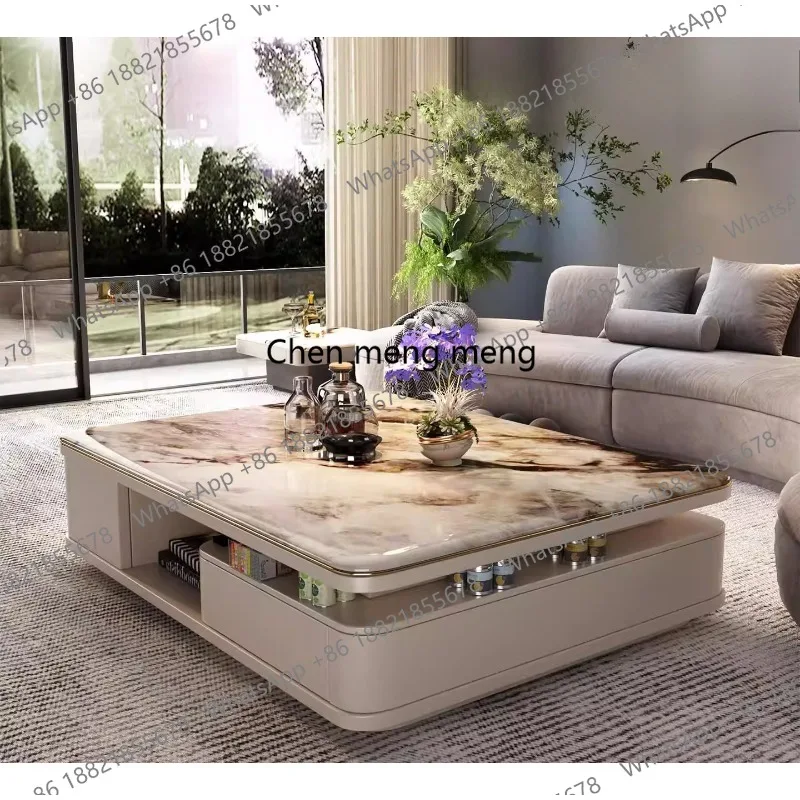 Marble, glazed rouge, natural luxury stone coffee table, modern minimalist villa, light luxury solid wood tea table