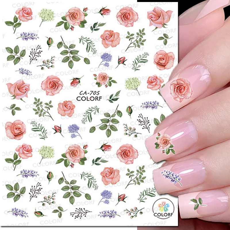 3d Nails Art Adhesive Sliders Stickers Pink Roses Purple Lavenders Flowers Leaves Decals For Nails Decorations Manicures