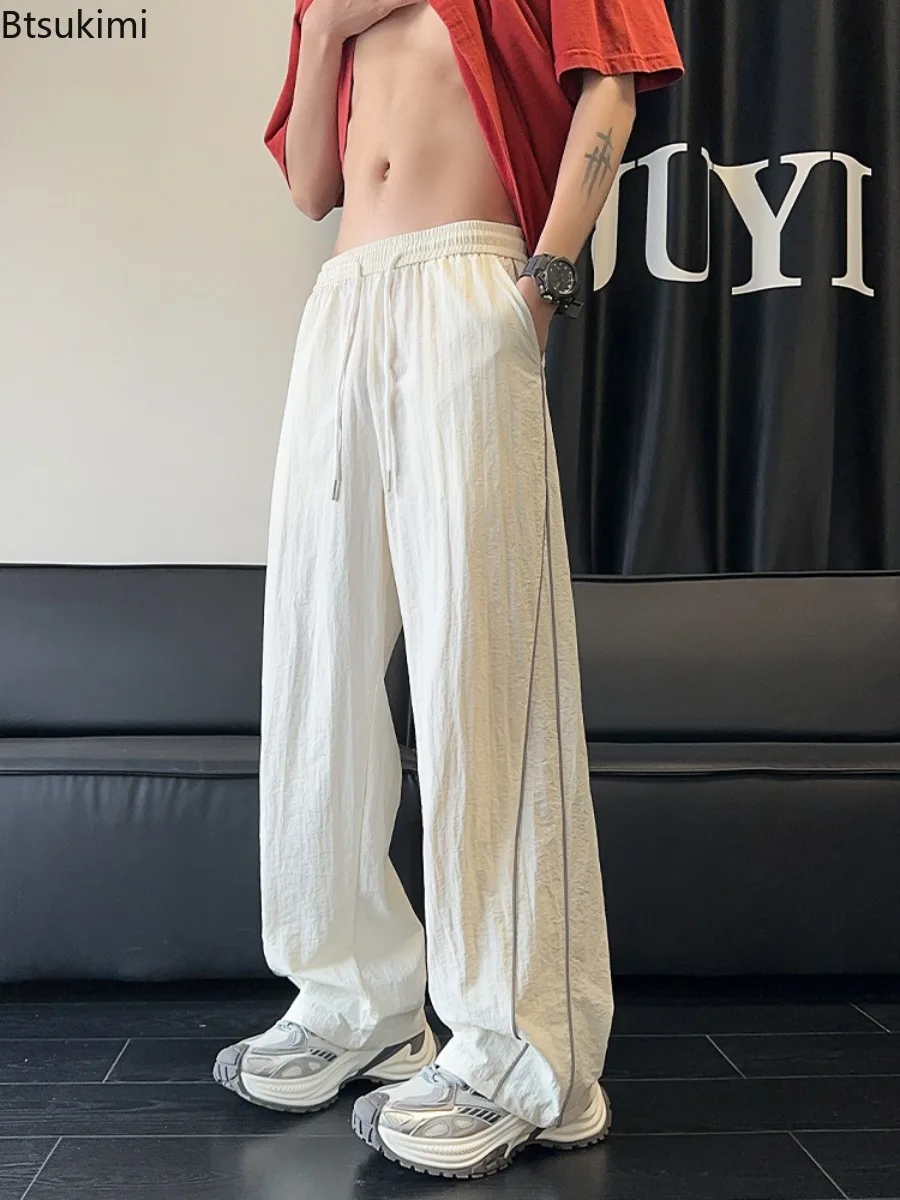 

New Men's Fashion Loose Casual Wide Leg Pant Spring Summer Ice Silk Sweatpants American Style Retro Thin Quick-dry Joggers Pants