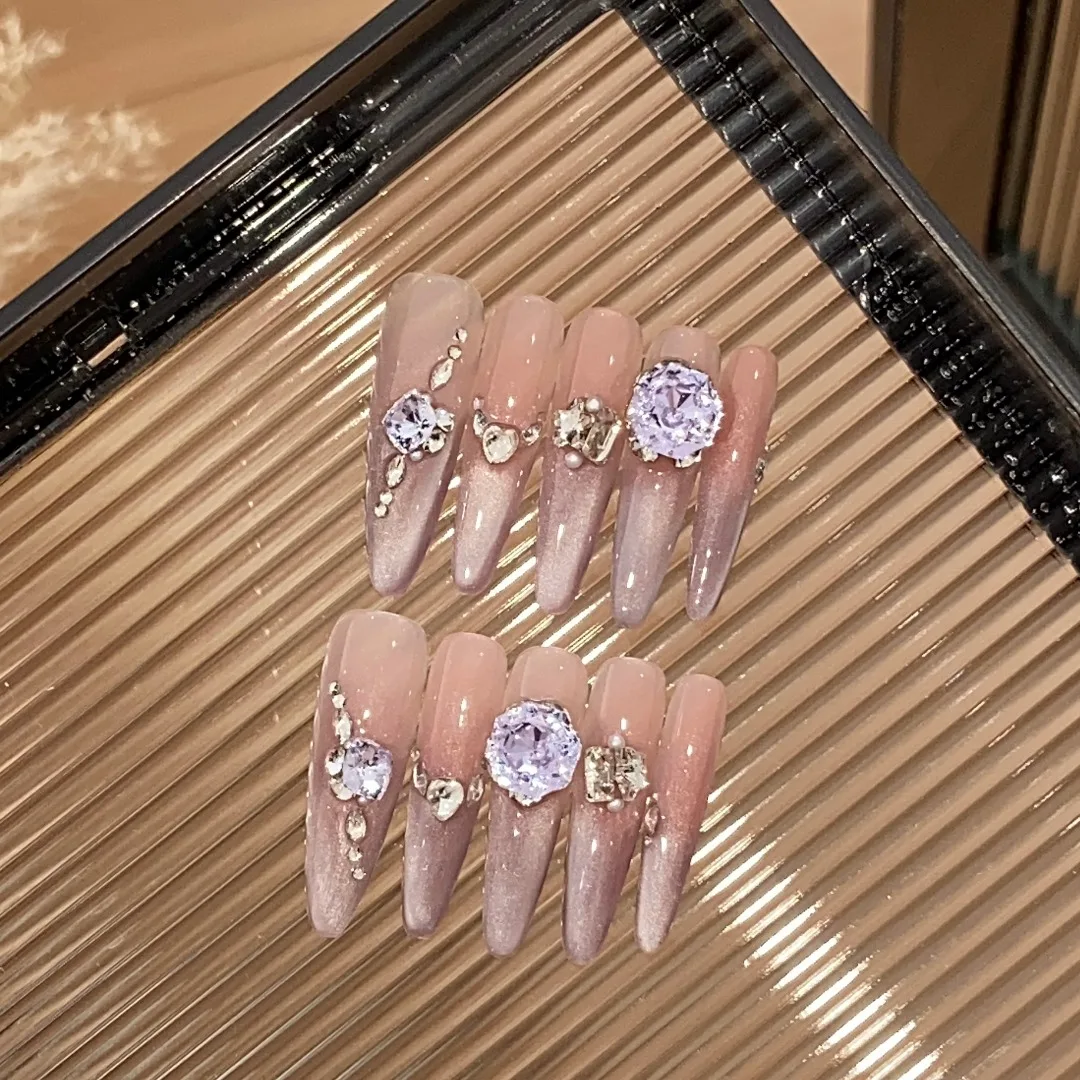 

10Pcs Handmade Popular Long Almond Nude Pink Shiny Cat Eye Fake Nails Press on False Nails Wearable Purple Glitter Crystal Bride