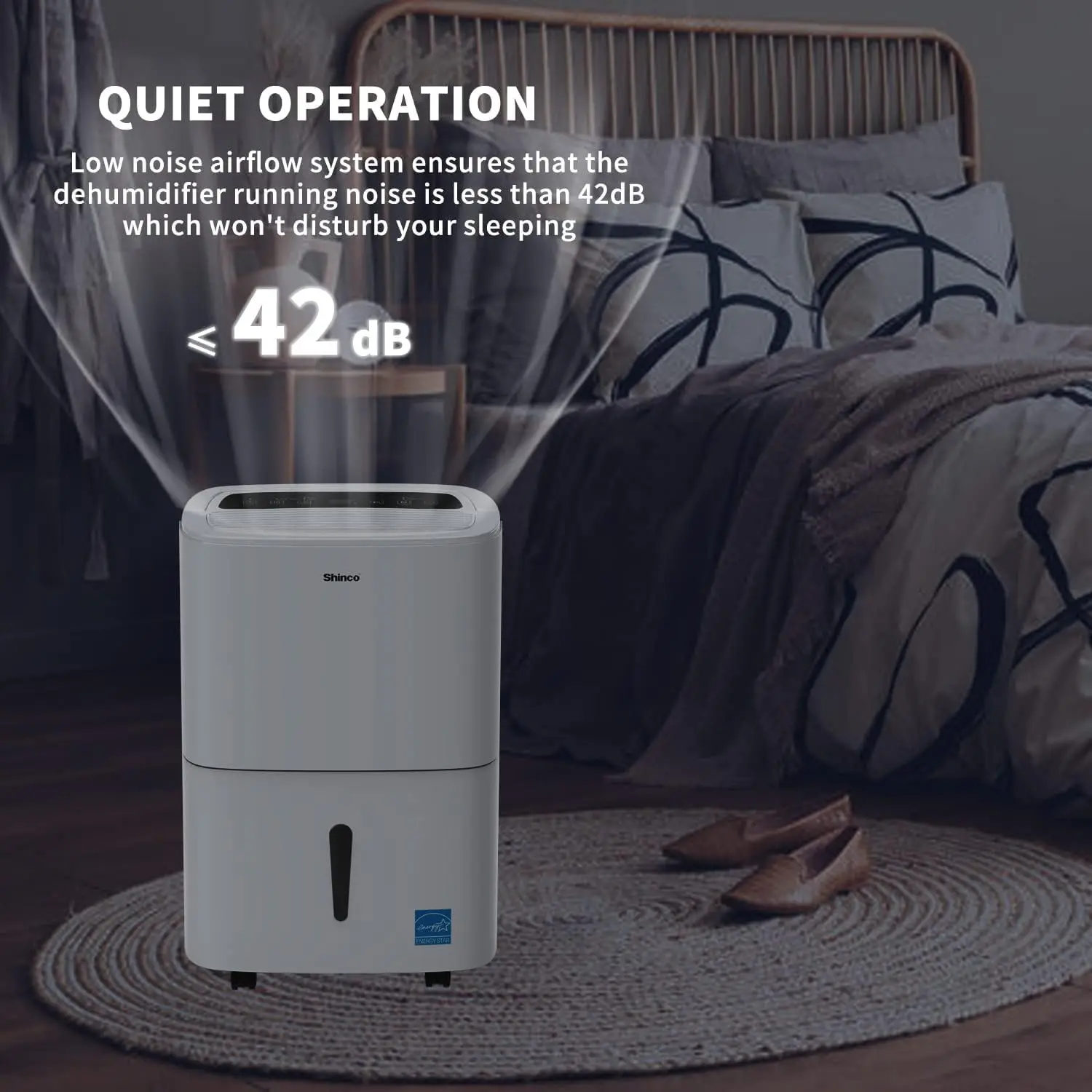 Dehumidifier for large rooms and home basements with efficient dehumidification and adjustable humidity control