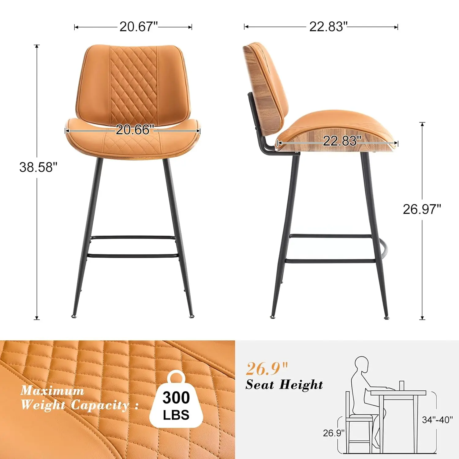 Conjunto de 3 Banquetas Altas para Balcão, Banquetas sem Braços de 26,9 polegadas com Pernas de Metal, Cadeira de Pub em Nogueira com Estilo Moderno, Personalizável