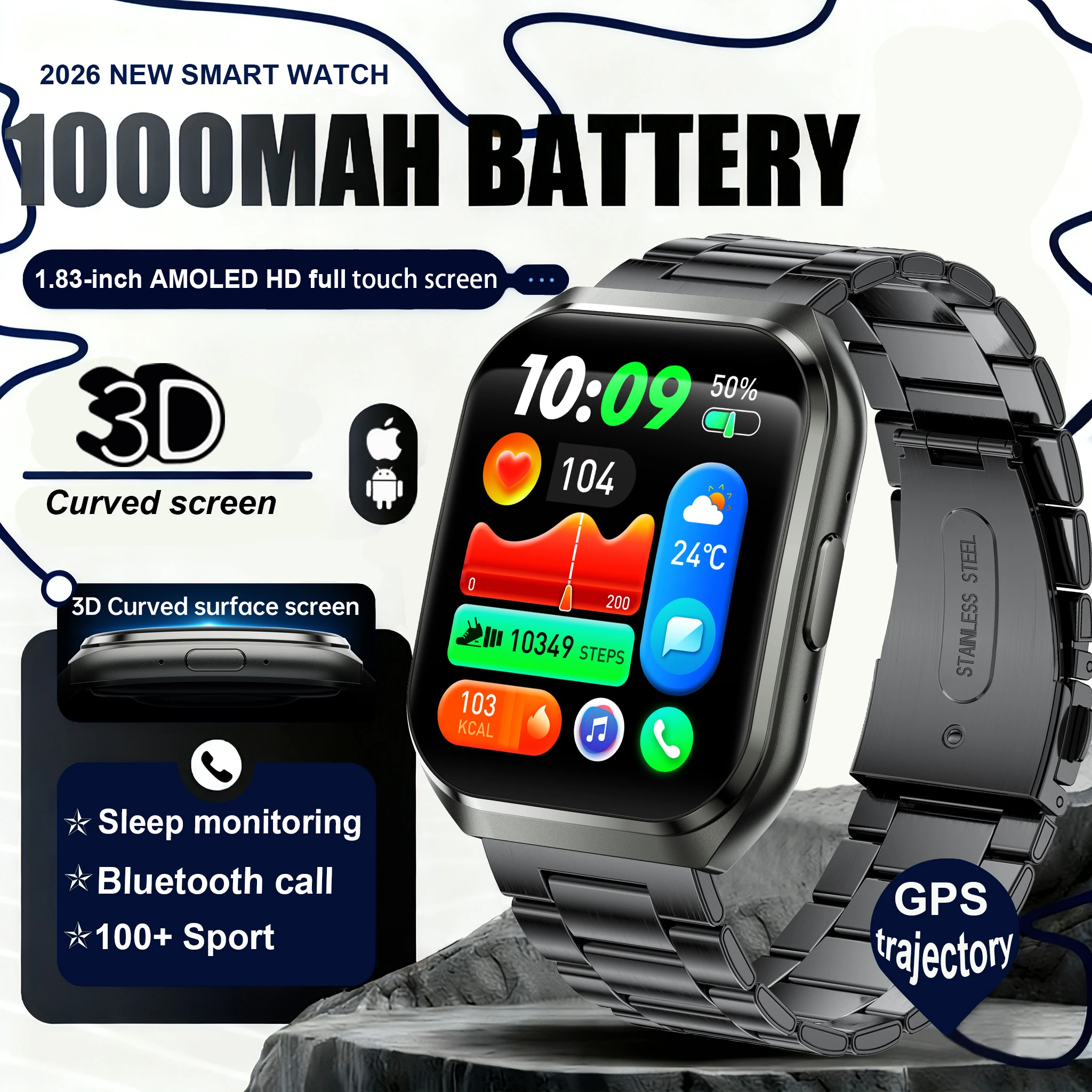 

New Outdoor Sport Smart Watch Men 1000mAh Battery 3D Curved Screen GPS trajectory BT Call IP68 Waterproof Heart Rate Smart Watch