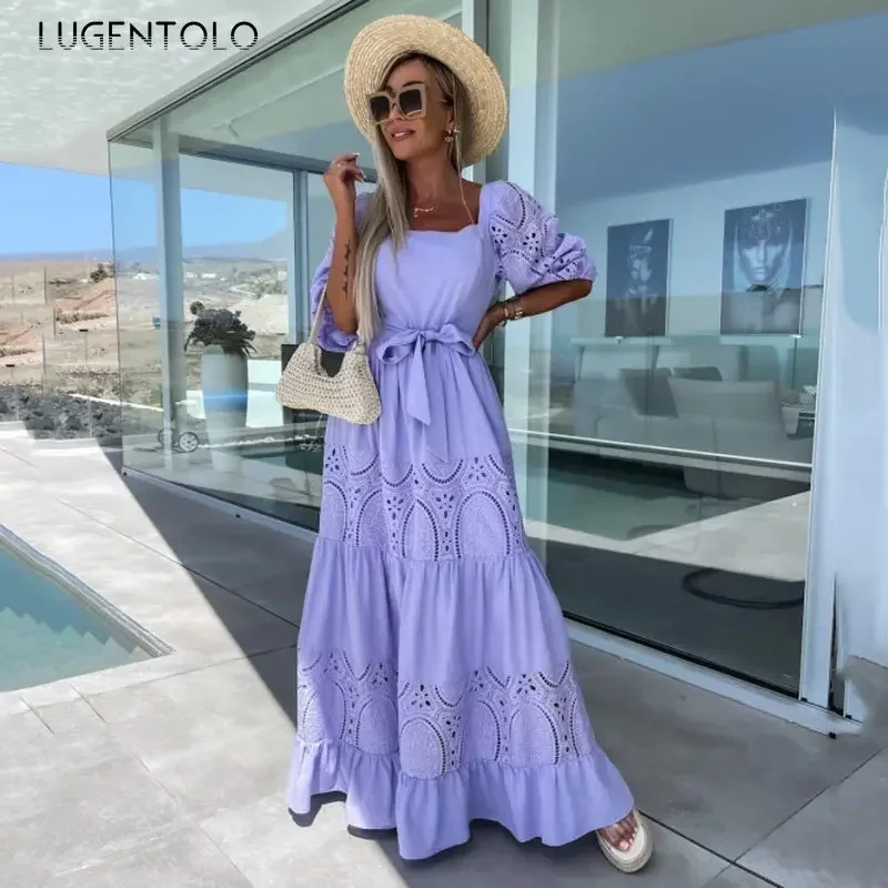 

Lugentolo Women Lace Princess Dress Casual Loose Waist Big Swing Lace-up Lady Elegant Puff Sleeve Beach Holiday Square Collar