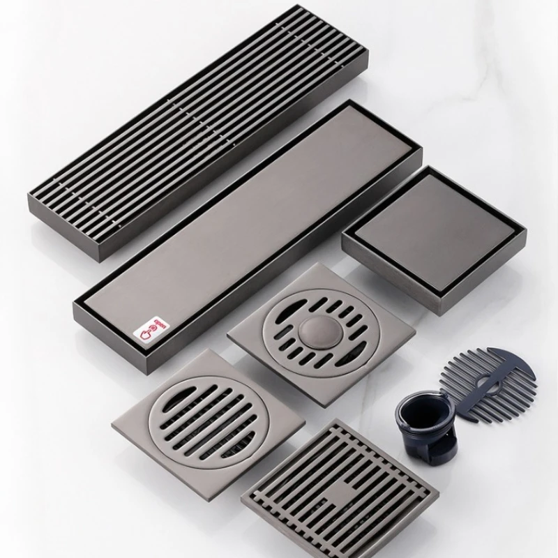 

Grey stainless steel odor proof floor drain -8X30cm, rectangular concealed design, bathroom/kitchen 10x10cm square floor drain