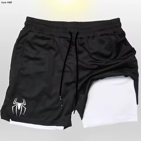 Compression Shorts Spider Print Running Gym Men Fitness Training 2 in 1 Quick Dry Workout Jogging Double Deck