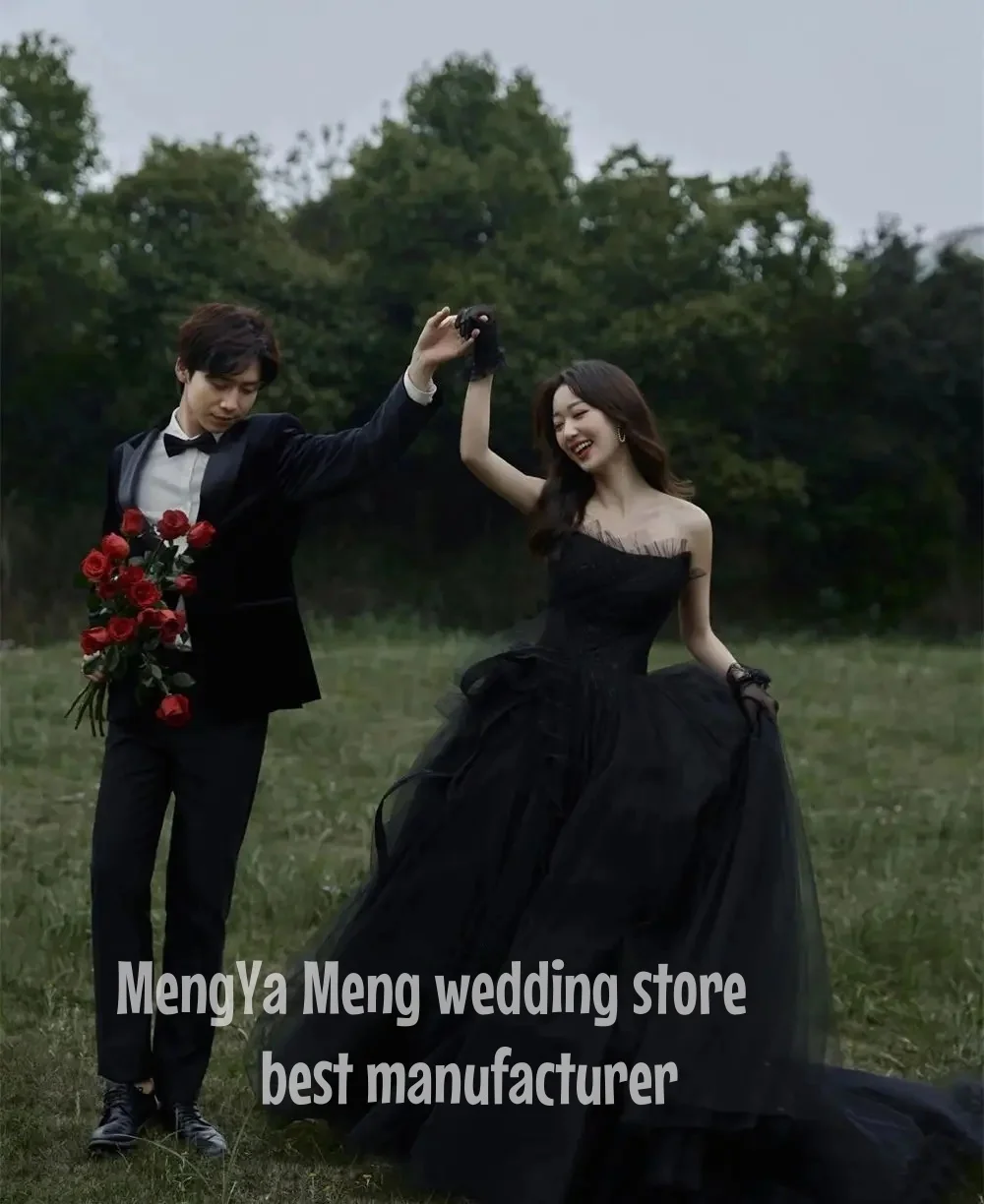 ZHUISHU New Vintage Black Wedding Dress Couple Outdoor Forest Grass Lawn Photography Theme Clothing Strapless Draped Korean Sle