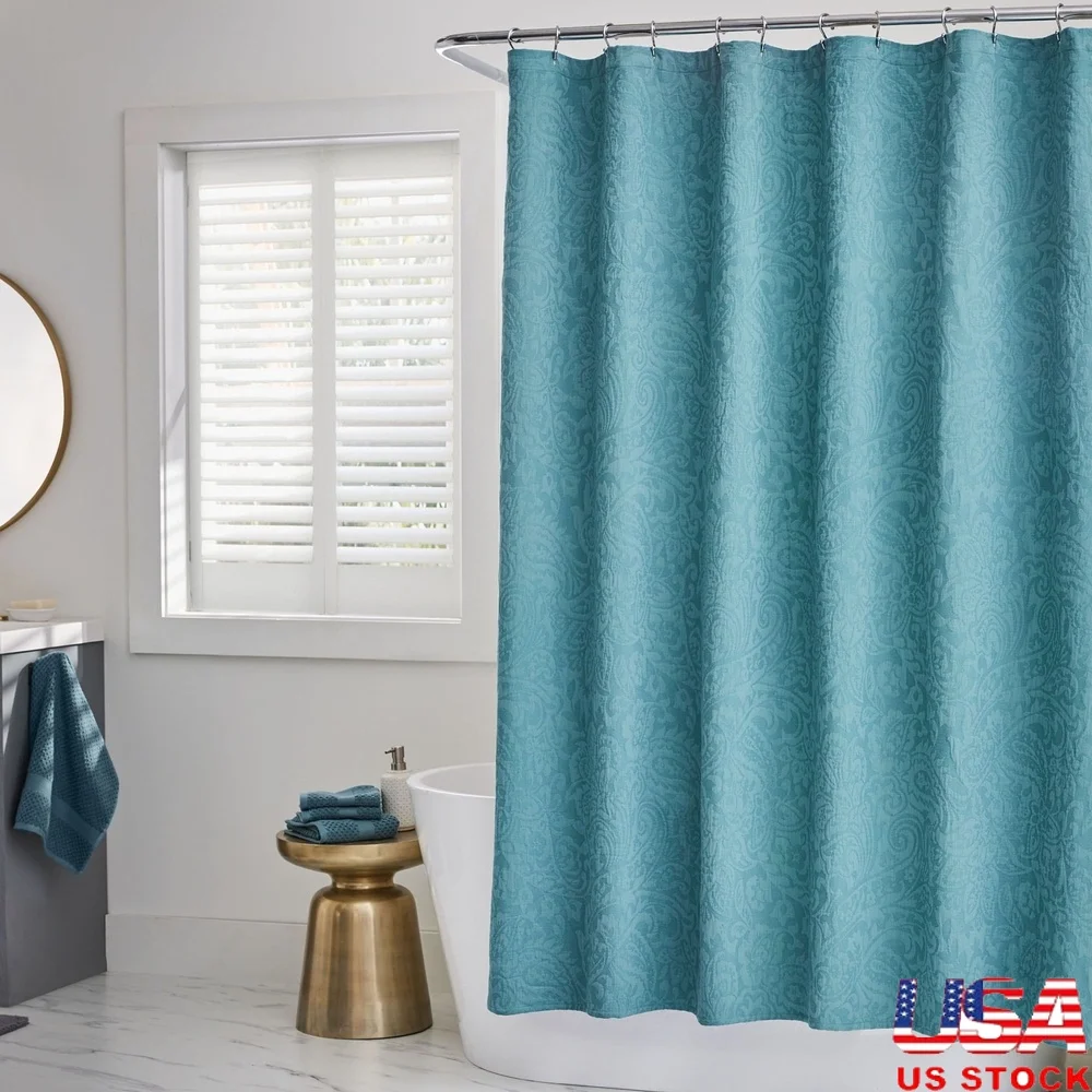 

Занавеска для душа Boho Teal Paisley Jacquard Matelassé 72x72 Моющаяся BCI Хлопок Переработанный Полиэстер OEKO-TEX ® Домашний декор для взрослых